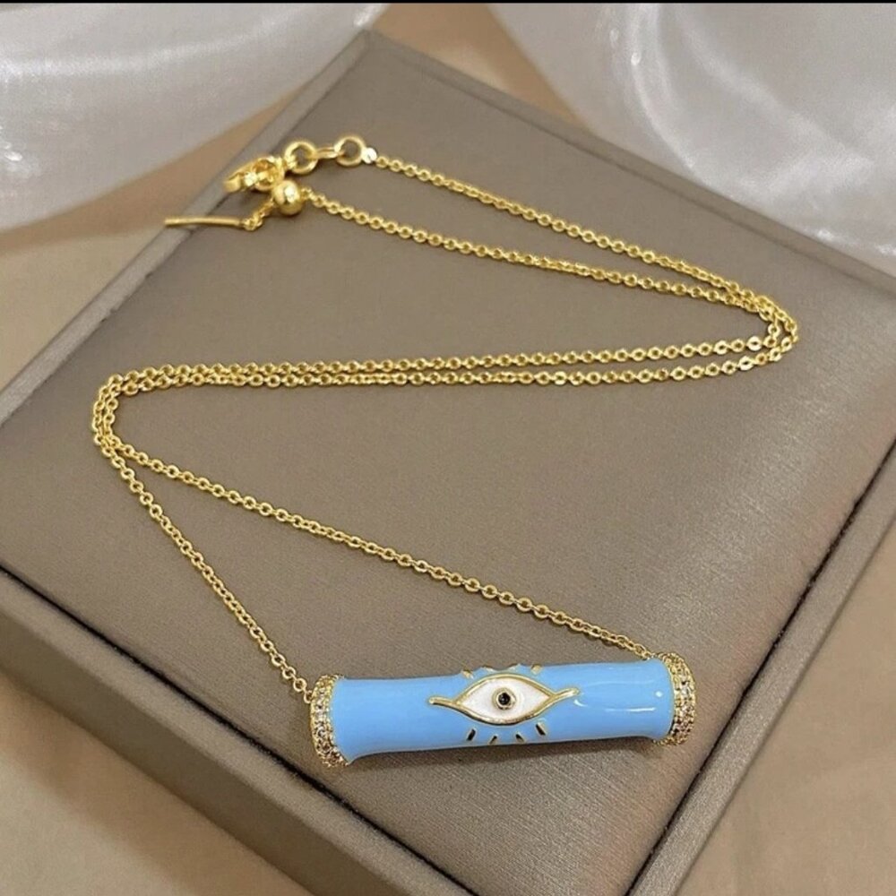 Blue Eye And Tube Pendant Necklace Rhinestone Summer Chain Necklace For Women